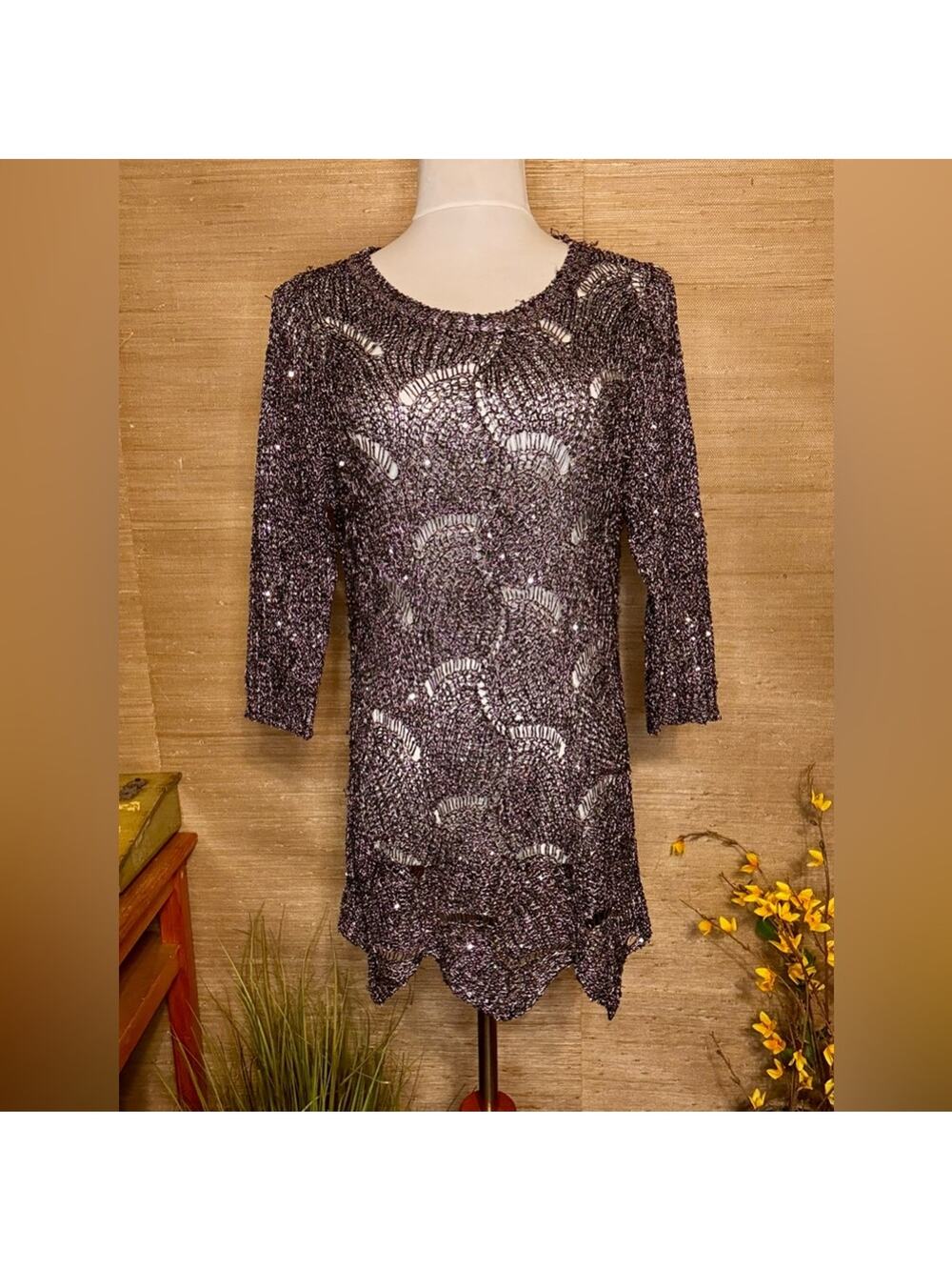 Lauren Michelle Sparkling black and Silver crochet top. Medium